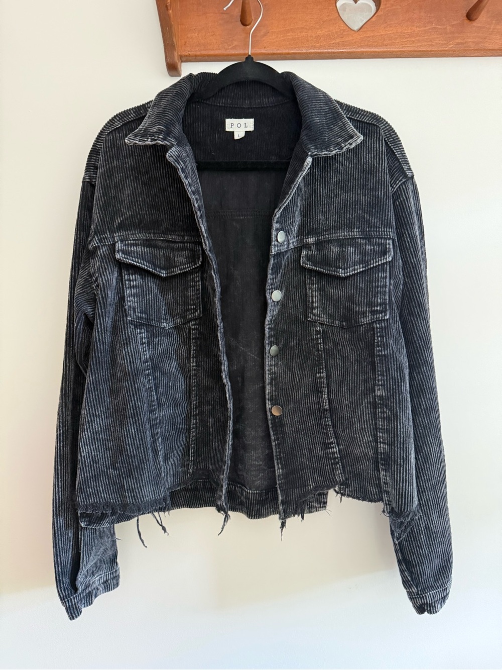POL Washed Black Corduroy Jacket with Distressed Hem